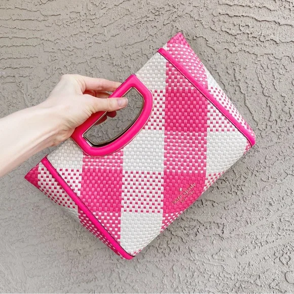 KATE SPADE Pink & White Plaid Gingham Alexia Woven Clutch Crossbody Bag